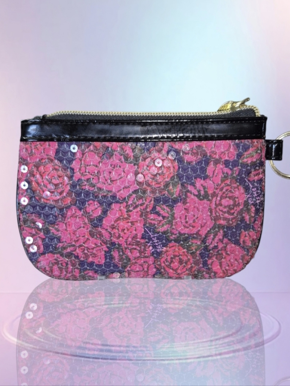 Betsey Johnson Pink and Black Sequin Floral Coin Pouch - Picture 3 of 6